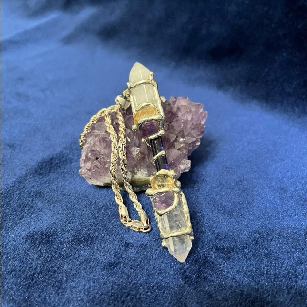 Double Point Crystal Pendant Amythest And Citrine With 925 Italy Silver Necklace